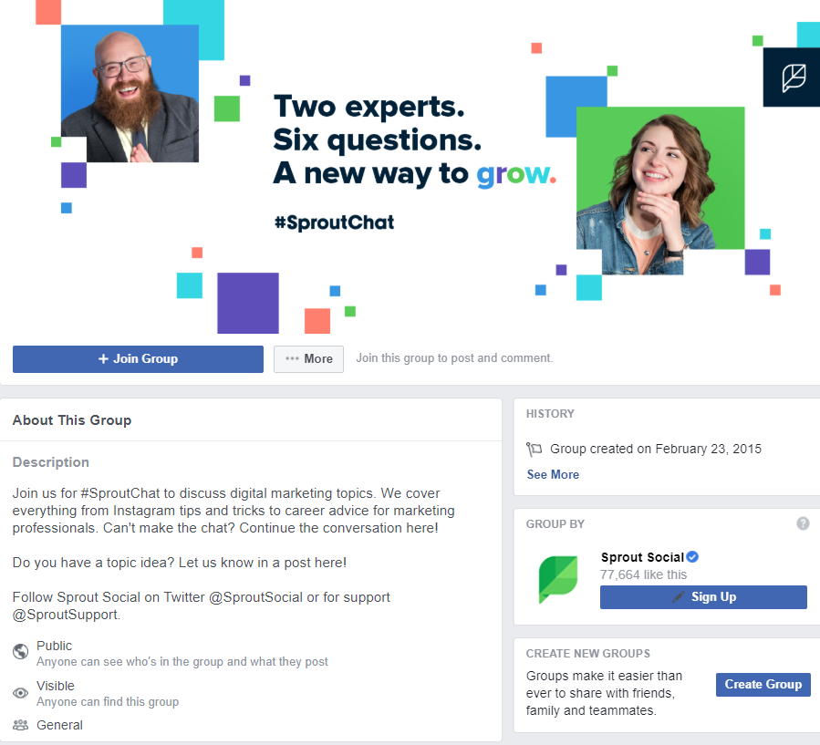 Groupe Facebook Sprout Social et Sproutchat