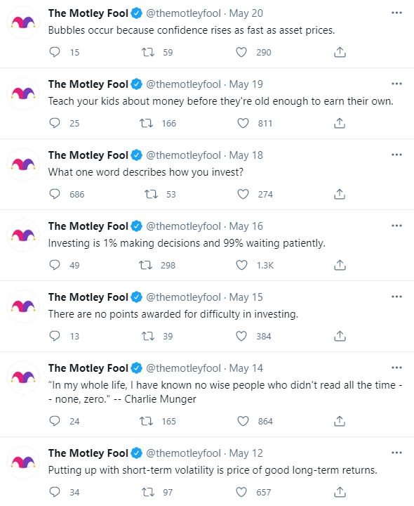 Una vista del feed de Twitter de The Motley Fool de mayo de 2021