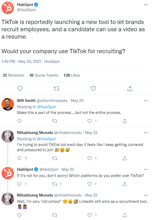 Hilo de Twitter de HubSpot sobre si las empresas usan TikTok para reclutar