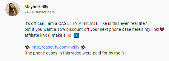 Um exemplo de link de marketing de afiliados em uma descrição do YouTube