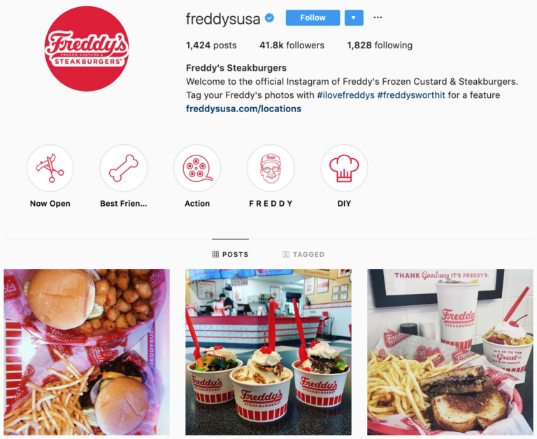 ชีวประวัติของ Freddy's Steakburgers IG แสดงการใช้ไฮไลท์