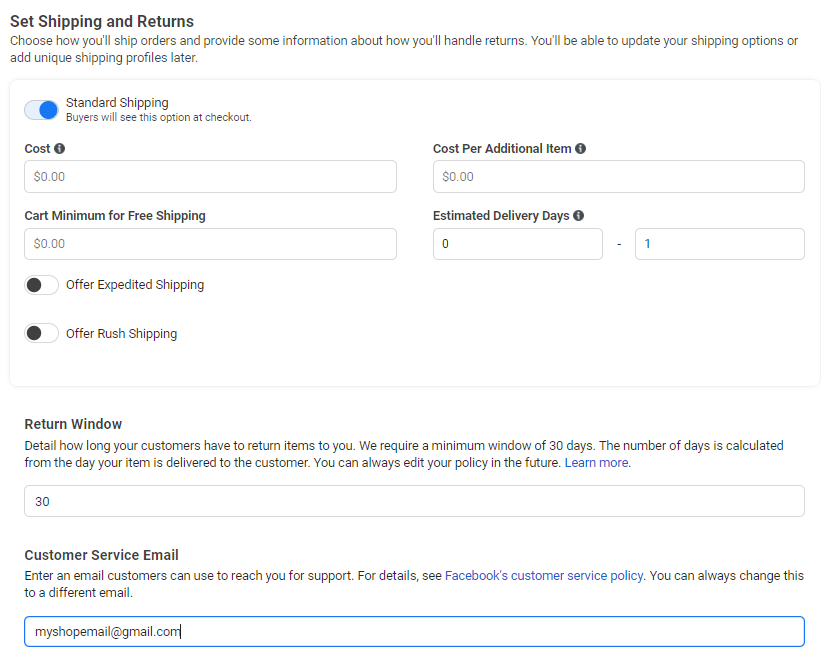 Facebookショップでの配送と返品の設定