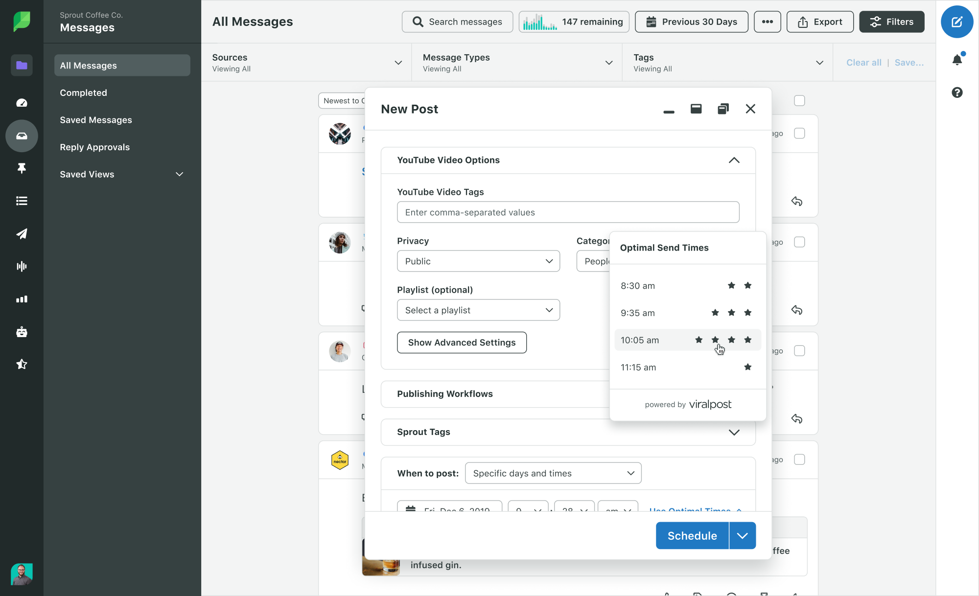 Penjadwalan Sprout Social YouTube dengan waktu pengiriman yang optimal
