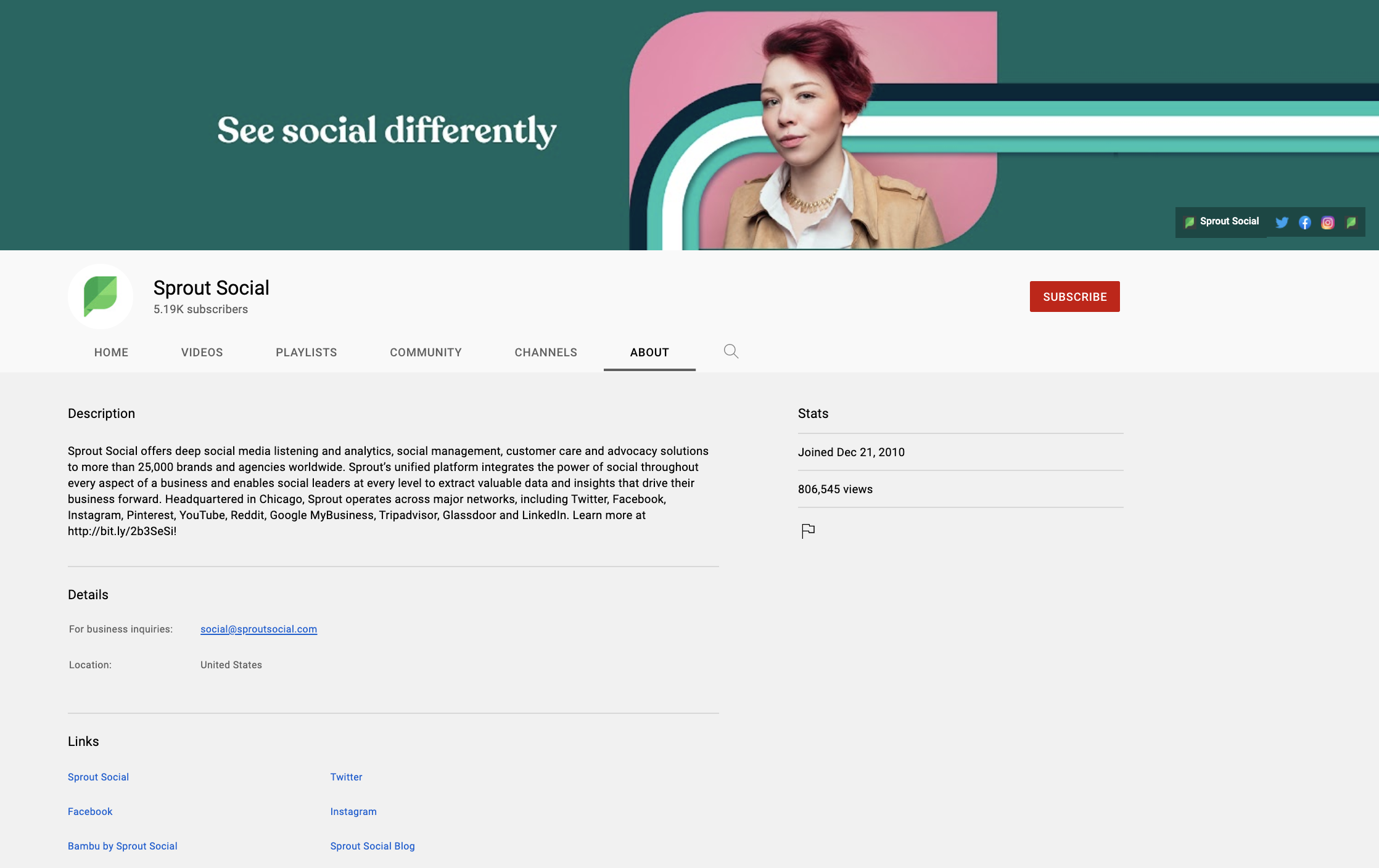 Tangkapan layar halaman Tentang saluran YouTube Sprout Social.
