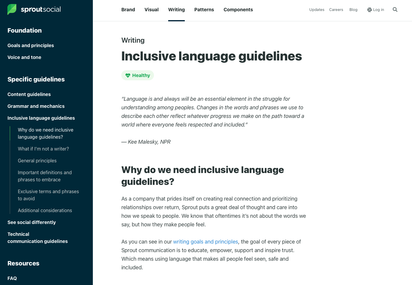 Tangkapan layar panduan gaya Sprout Social's Seeds dengan bagian tentang pedoman penulisan bahasa inklusif
