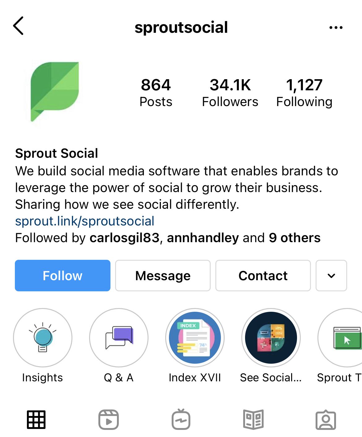 Sprout Social 的 Instagram 個人資料上的 Instagram Stories Highlights 截圖。