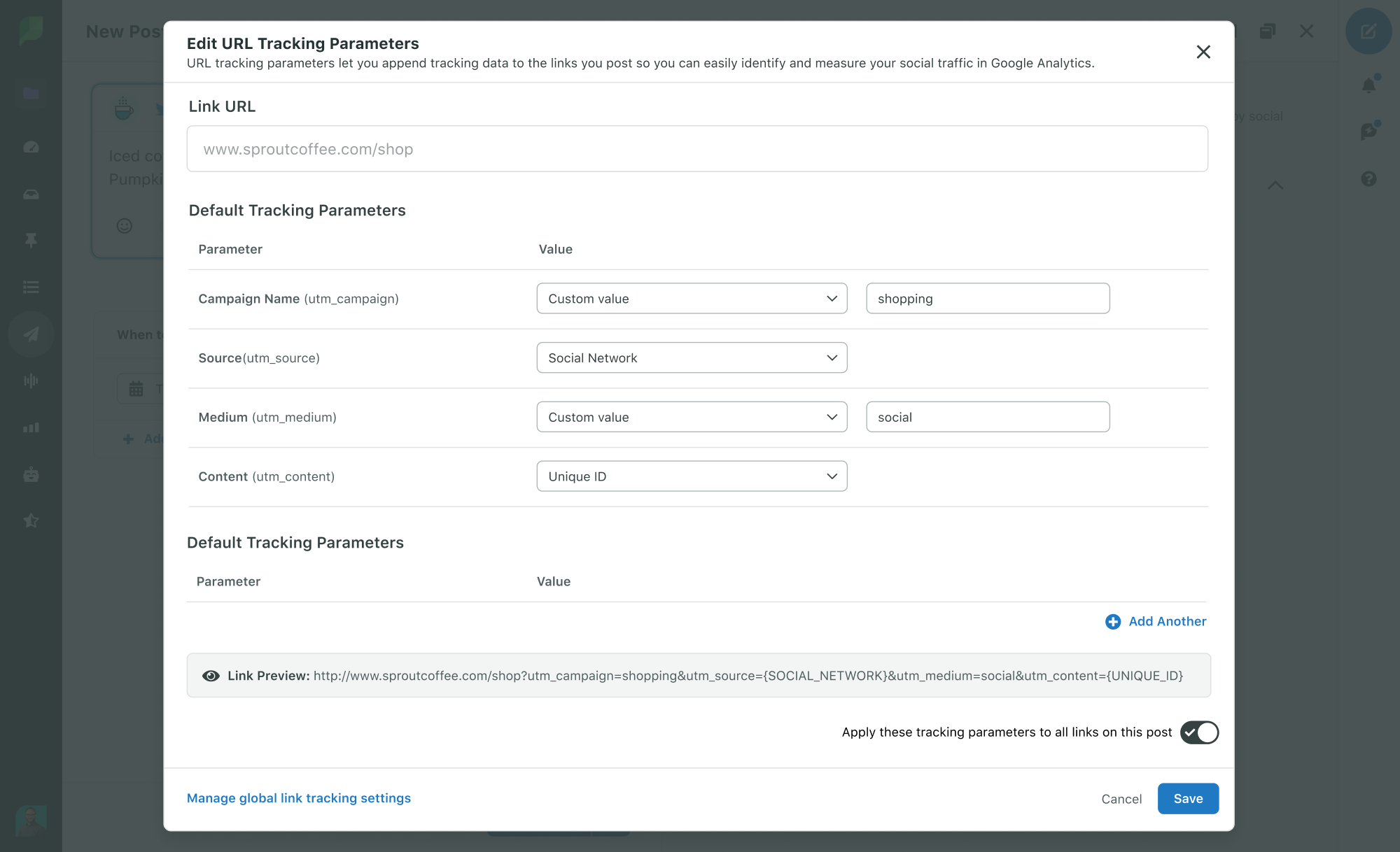 作為與 Google Analytics 集成的一部分，顯示 Sprout 創建和編輯 URL 跟踪參數的能力的屏幕截圖。