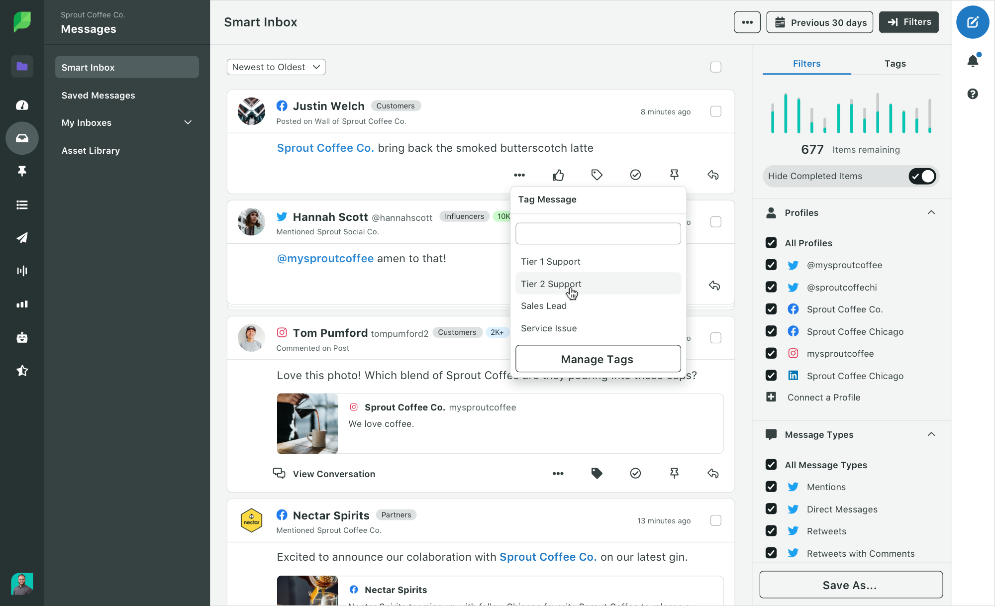 Fonction de surveillance de la prise en charge des balises Sprout Social Smart Inbox