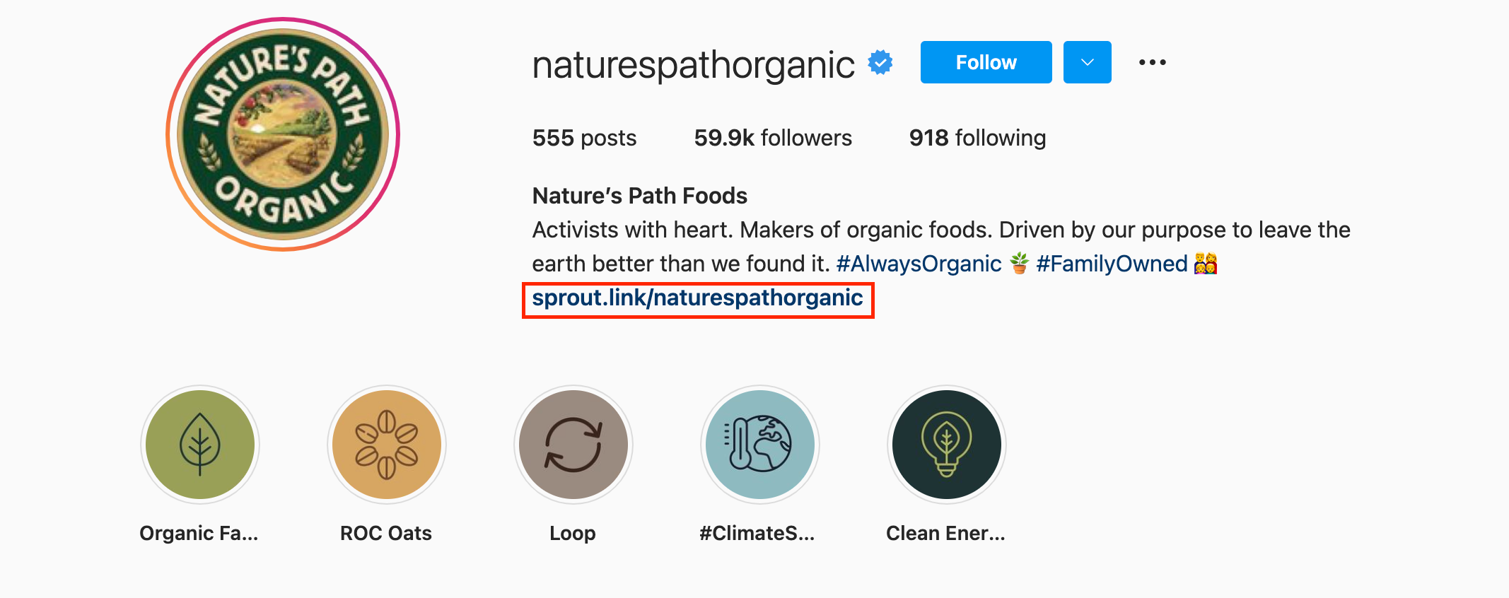 แบรนด์อย่าง Nature's Path Organic แสดงลิงก์ที่กำหนดเองในประวัติเพื่อเพิ่มการเข้าชมไปยังหน้า Landing Page หลายหน้า