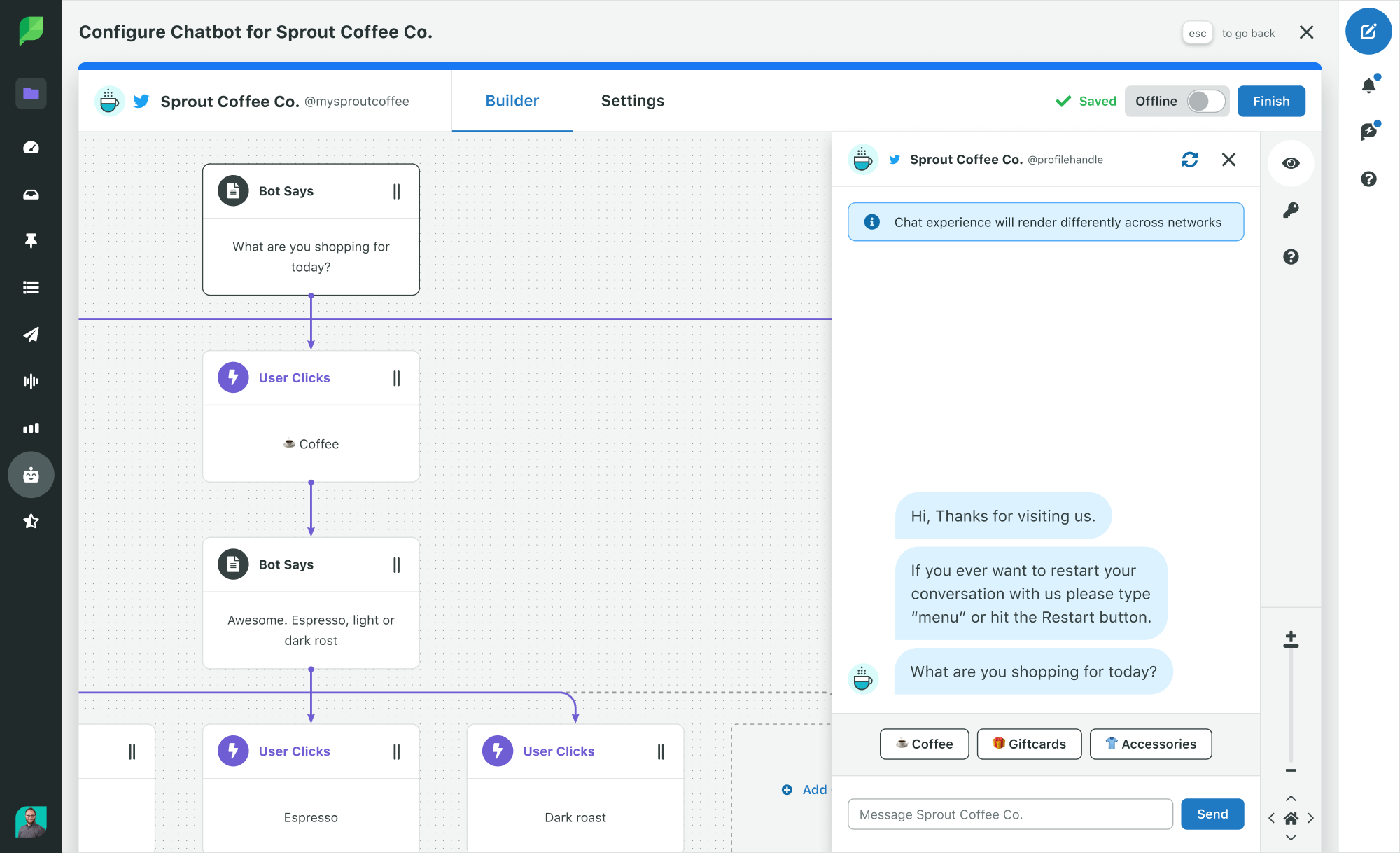 สกรีนช็อตของ Bot Builder ของ Sprout ที่แสดงโครงร่างและตัวอย่างการแชทเพื่อสร้างบอทสนับสนุนลูกค้า