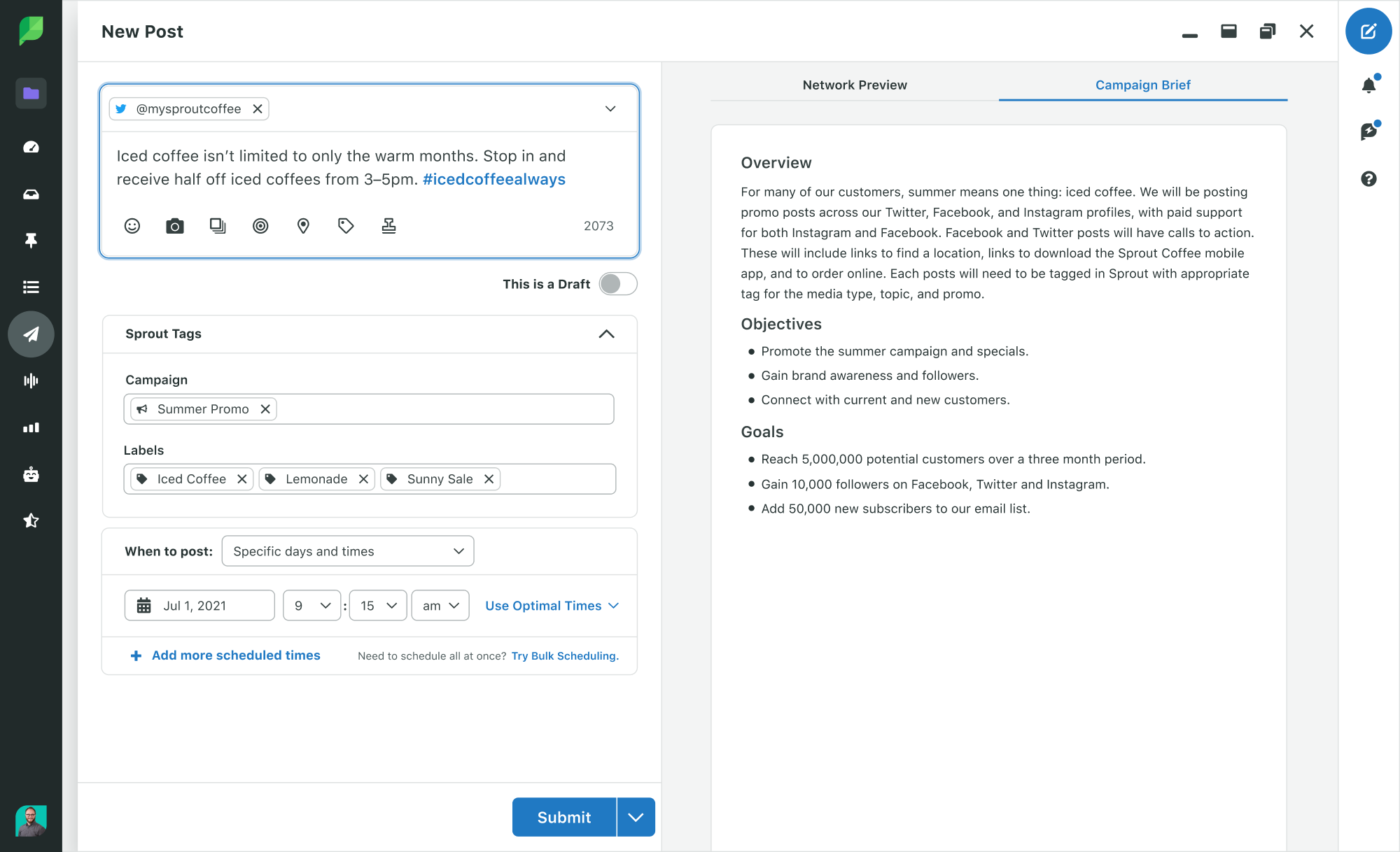 ภาพหน้าจอของการเขียนโพสต์ใน Spout Social พร้อมคำอธิบายสั้นๆ ของแคมเปญในหน้าต่างที่อยู่ติดกัน