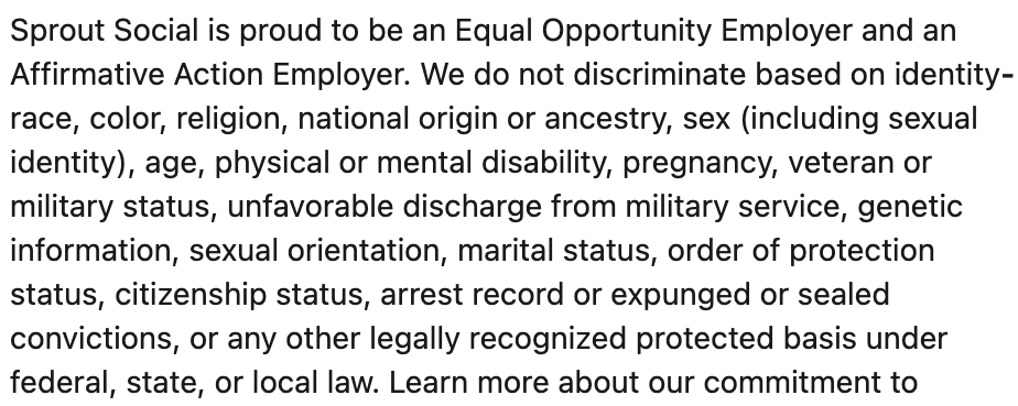 Screenshot des Abschnitts „Equal Opportunity Employer“ der Stellenbeschreibungen von Sprout.