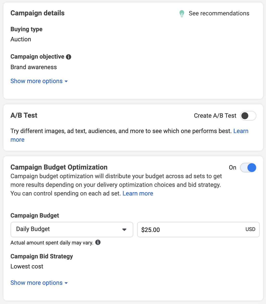 Configurando seu orçamento de campanha em anúncios do Facebook.