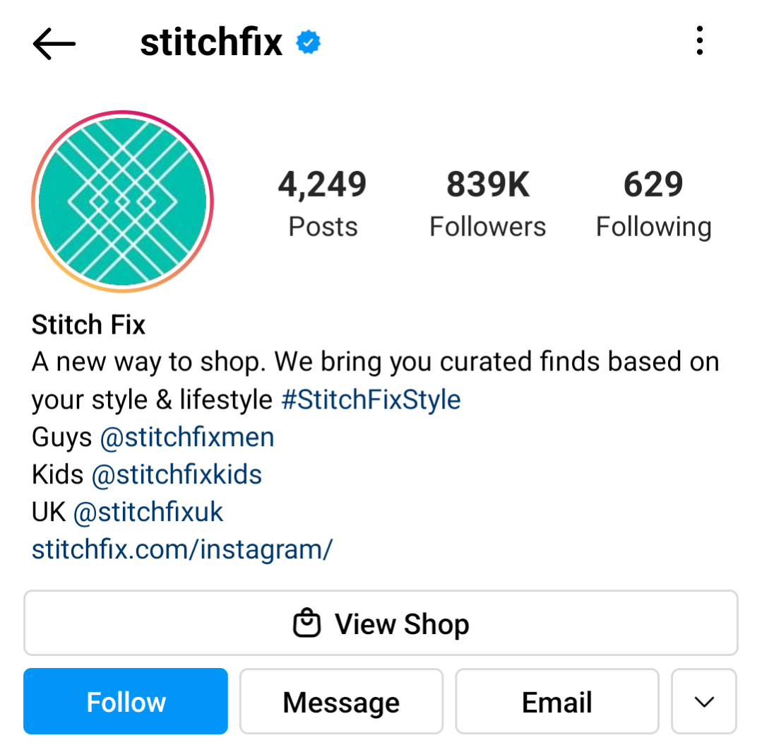 Stick Fix usa campanha de marketing UGC em seu perfil do Instagram.