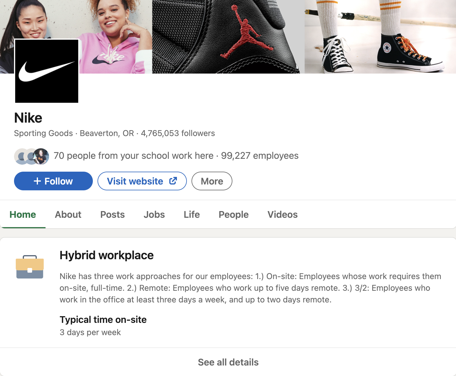 Uma captura de tela da página do LinkedIn da Nike, onde você pode ver a política de local de trabalho híbrido