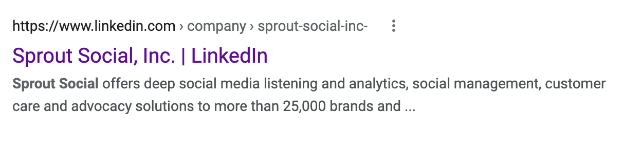 Uma captura de tela da visualização do linkedin do Sprout aparecendo em uma pesquisa do Google