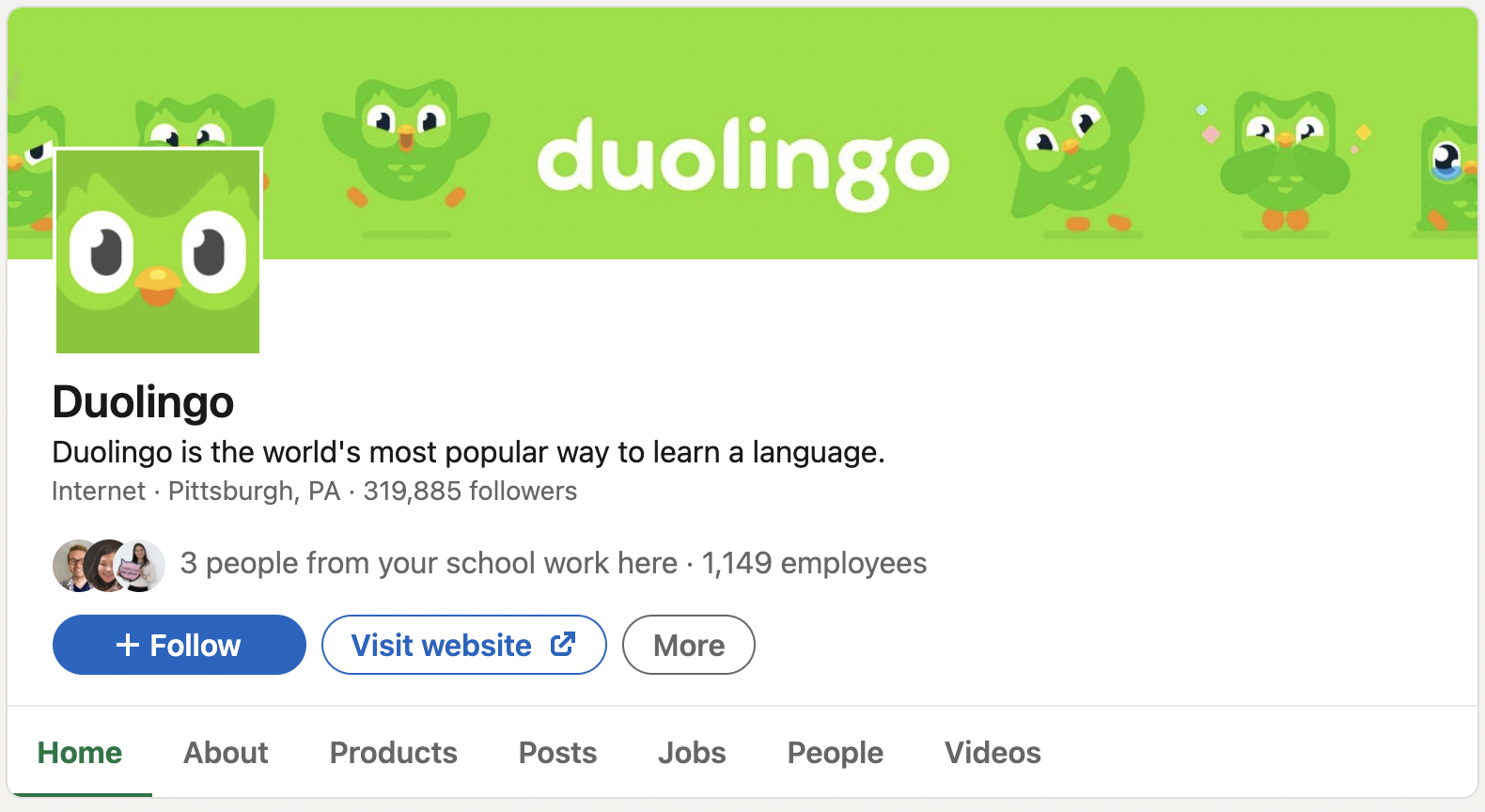 Captura de tela da imagem da capa do Duolingo no LinkedIn, apresentando seu mascote Duo, a coruja.