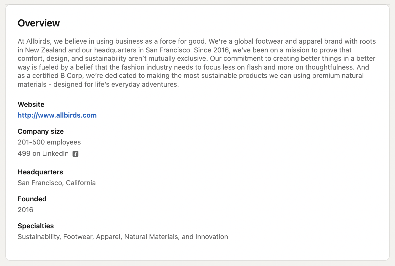 Uma captura de tela da seção Allbirds LinkedIn About