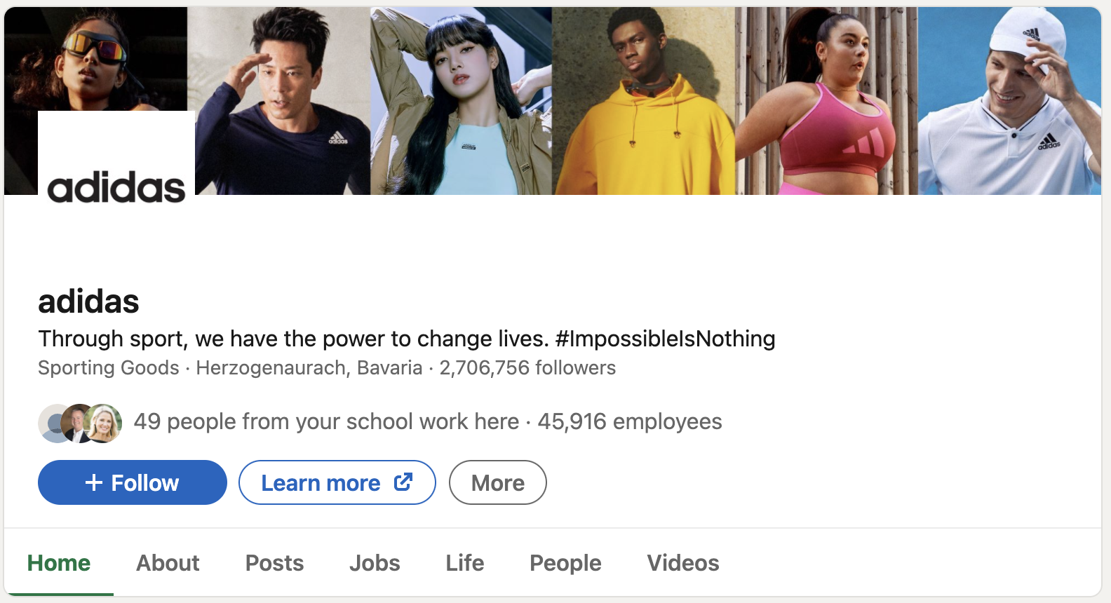 Captura de tela da imagem de capa da Adidas no LinkedIn, mostrando diferentes produtos de marca.