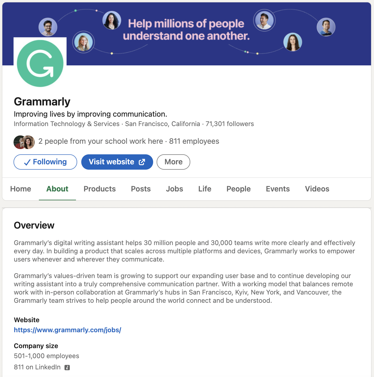 Uma captura de tela da descrição da seção Sobre da página do LinkedIn da Grammarly
