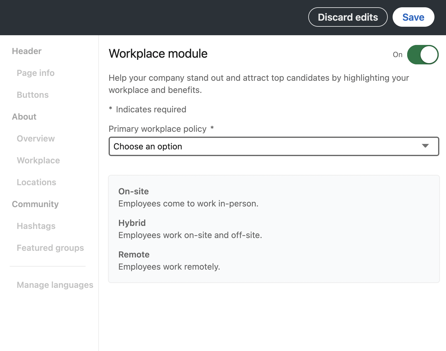 Uma captura de tela do novo módulo de local de trabalho do LinkedIn