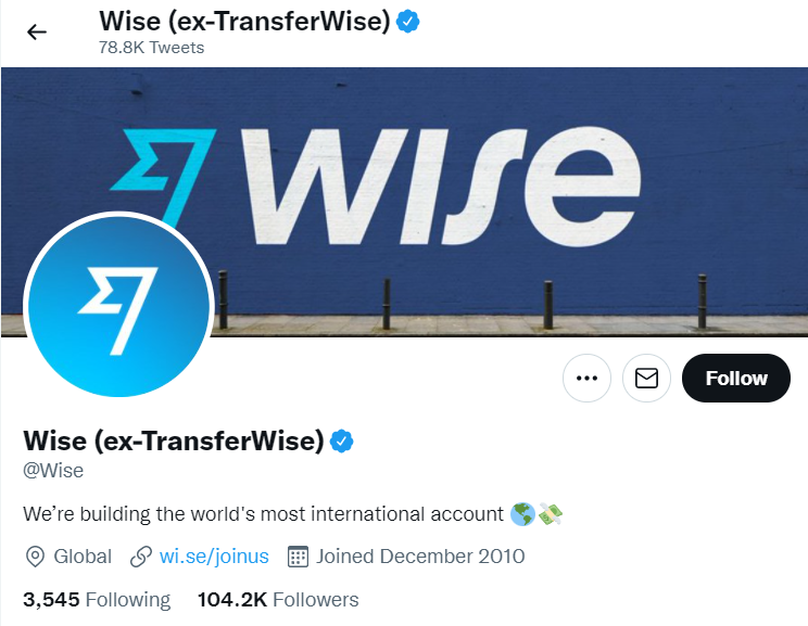 O identificador do Twitter da Wise faz referência à sua identidade anterior como Transferwise em seus materiais de rebrand.