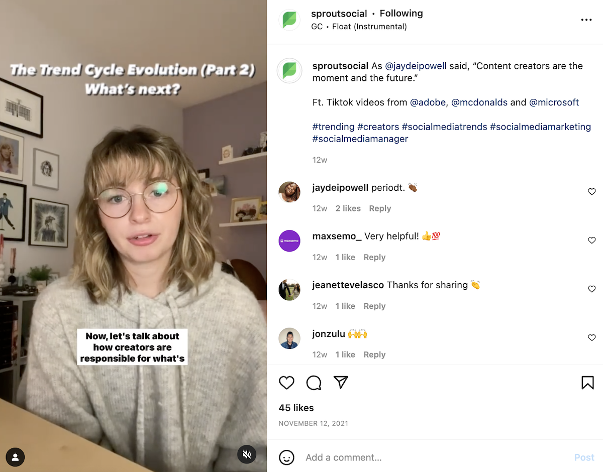 Um exemplo de um Reel no Instagram do Sprout com legendas de vídeo