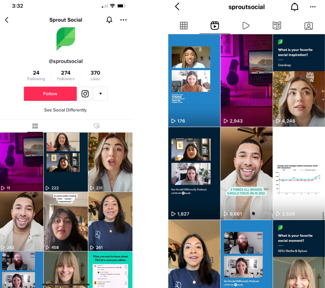 O Instagram Reels do Sprout comparado ao canal TikTok do Sprout, que apresenta muitos dos mesmos vídeos reaproveitados