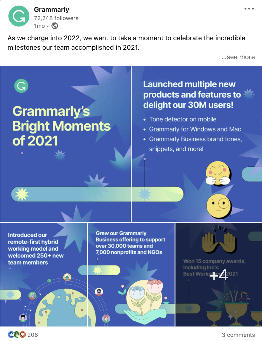 Um post da Grammarly no LinkedIn com gráficos de pontos de dados