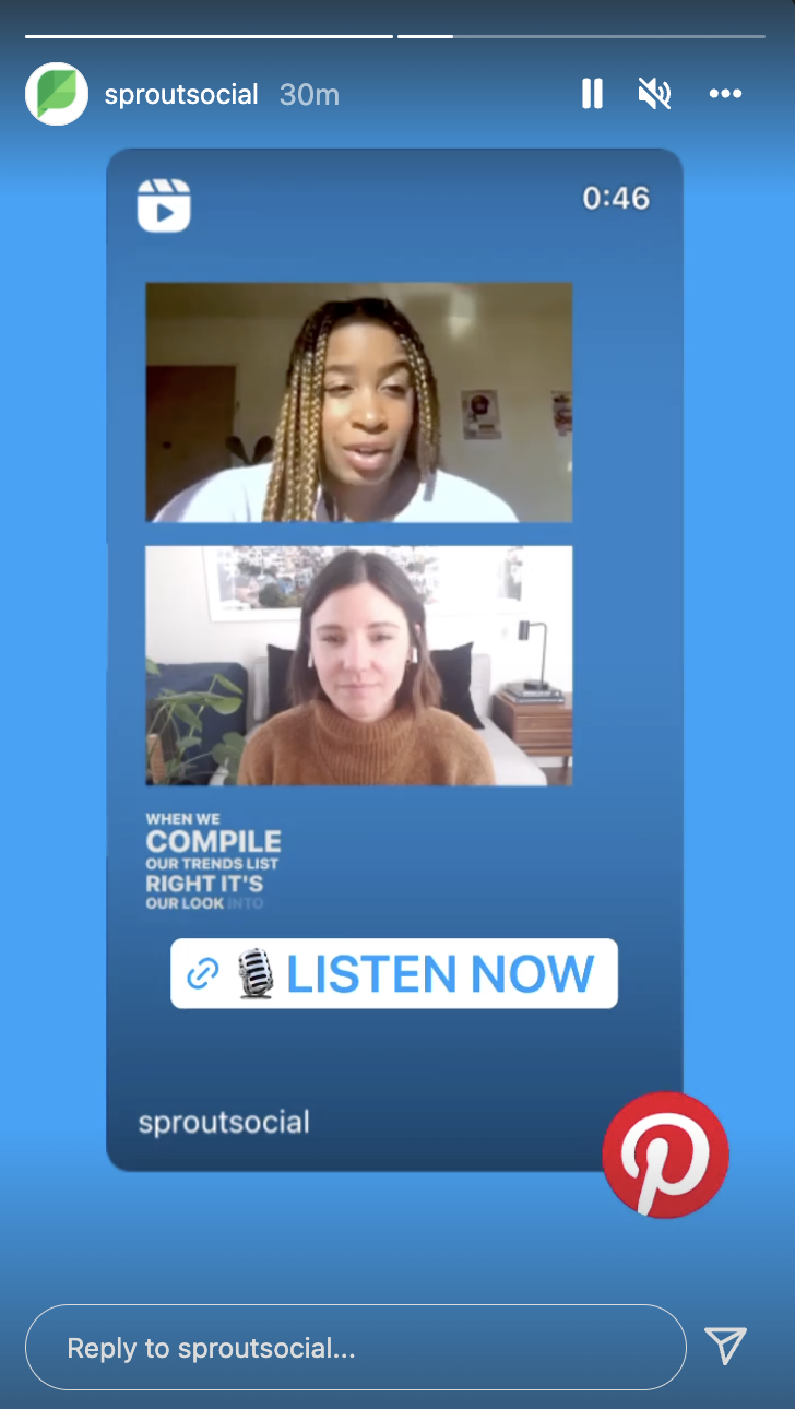 Sprout Social Instagram story onde um Sprout Reel é promovido e compartilhado