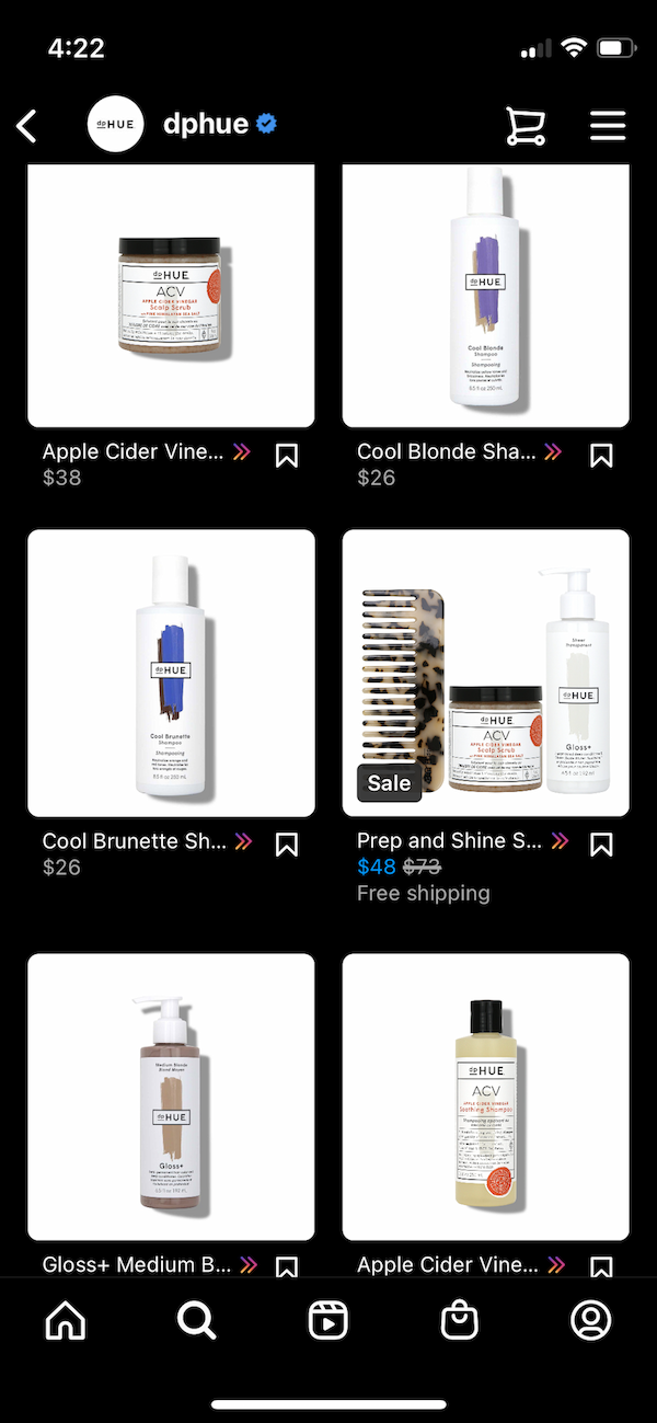 Screenshot del negozio Instagram di dpHUE con una varietà di prodotti per la cura dei capelli in vendita