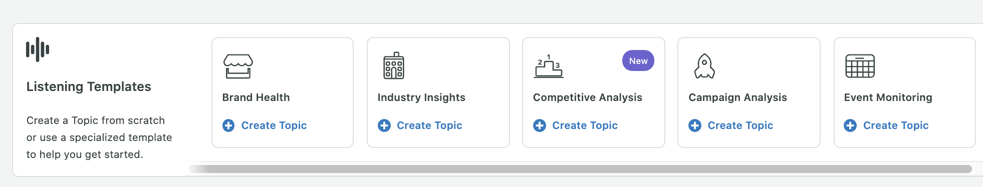 Uno screenshot dei modelli di argomenti di ascolto di Sprout Social, che includono salute del marchio, approfondimenti del settore, analisi della concorrenza, analisi della campagna e monitoraggio degli eventi.