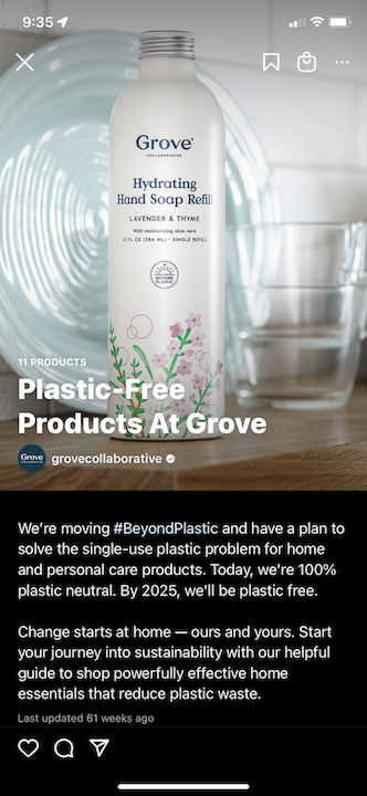 ตัวอย่างคู่มือ Instagram Grove Collaborative Plastic-Free Products