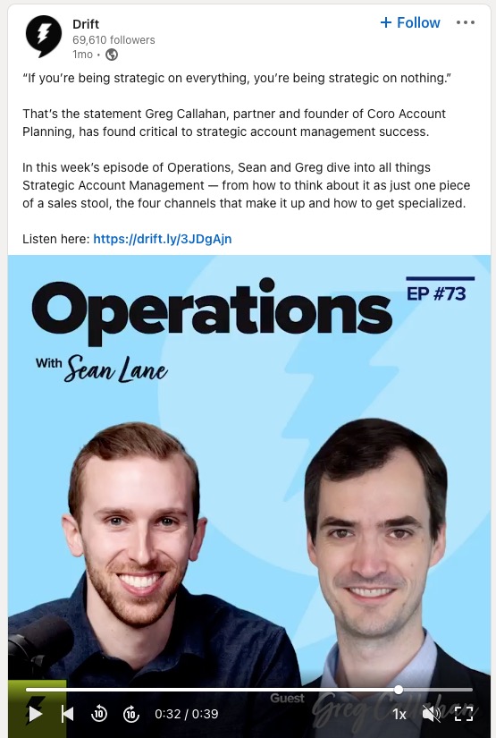 ポッドキャスト「OperationswithSeanLane」を宣伝するDriftからのLinkedIn投稿のスクリーンショット。