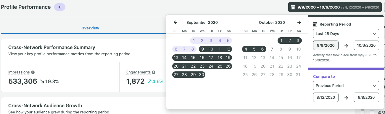 Sproutのレポートフィルタリングオプションのスクリーンショット。 Premium Analyticsプランは、特定の日付範囲からのデータ比較をサポートします。