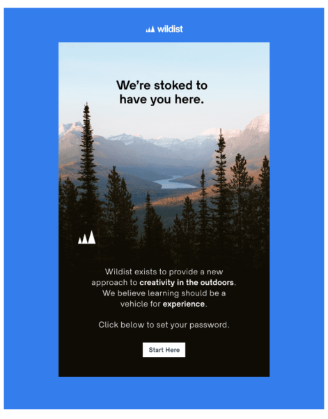 Wildist'e hoş geldiniz e-postası, "Sizi burada görmekten çok mutluyuz."