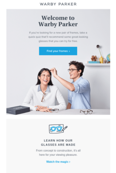 Exemple de e-mailuri de vânzare cu amănuntul - E-mail de bun venit Warby Parker