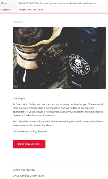 E-mail de check-in pentru Death Wish Coffee care le cere clienților feedback