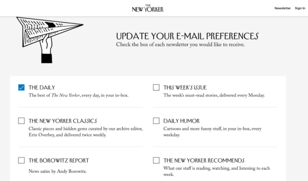 opțiuni pentru lista de e-mail de la The New Yorker