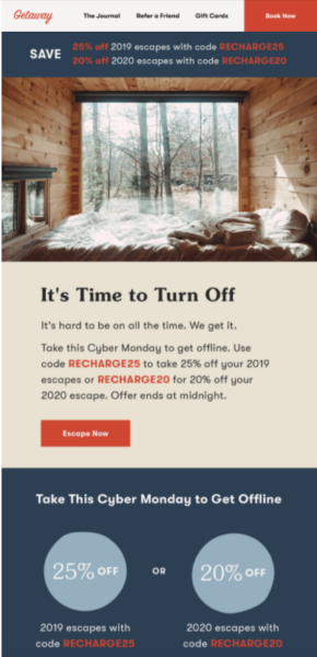 Exemplo de e-mail Cyber ​​Monday - cabines Getaway