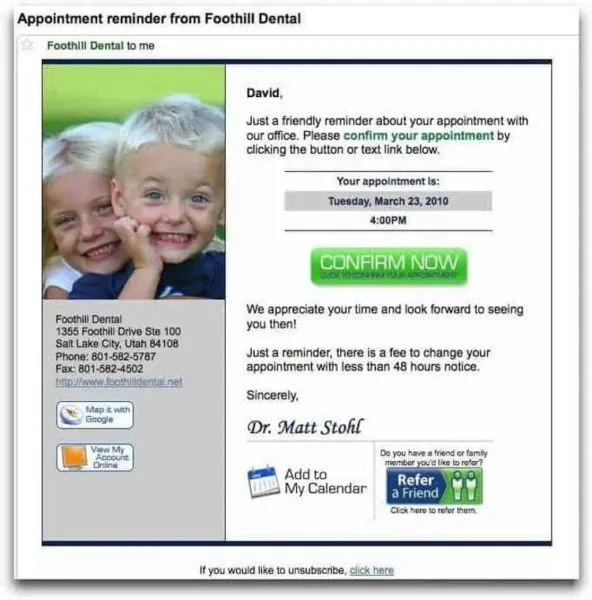 Exemplu de email marketing pentru stomatologi de memento de programare prin e-mail