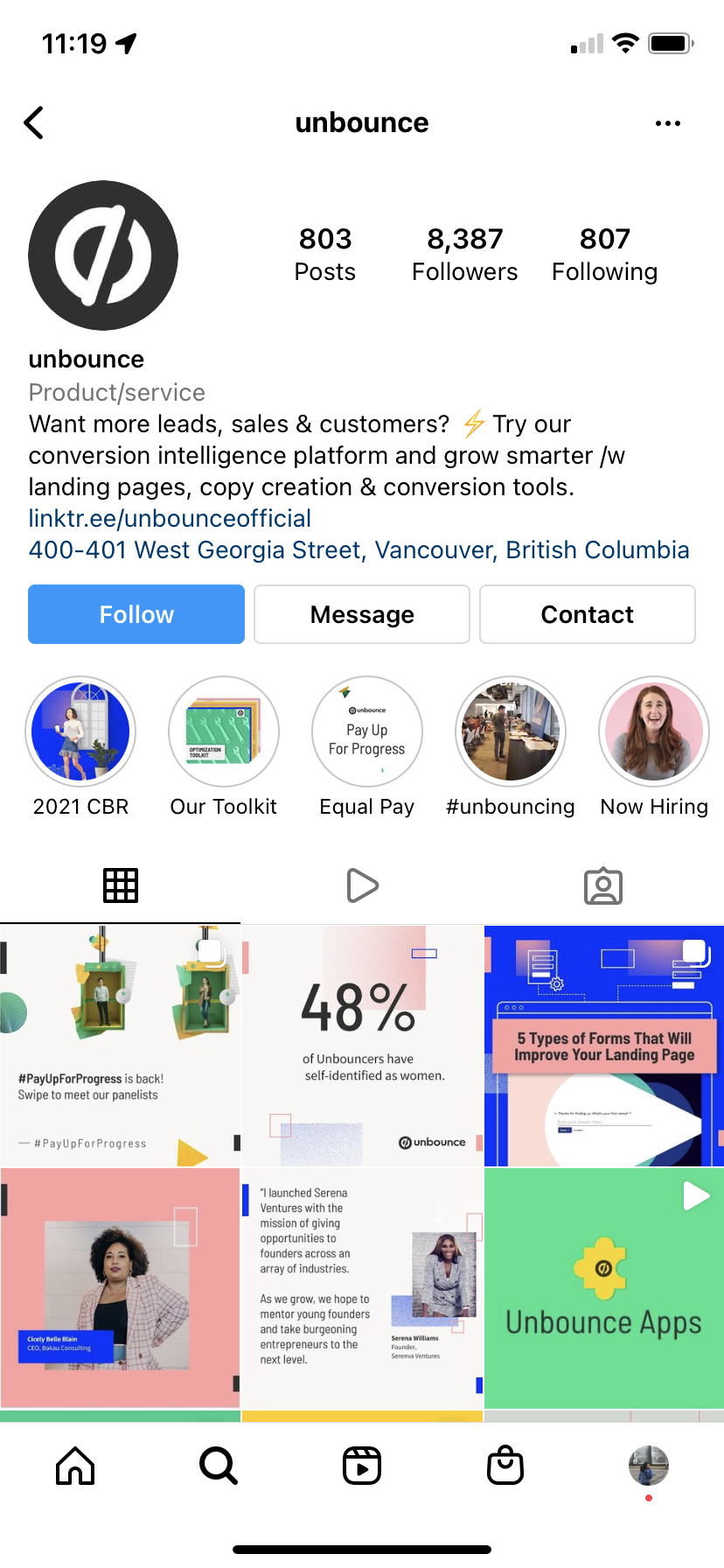 Screenshot della griglia del profilo Instagram di Unbounce