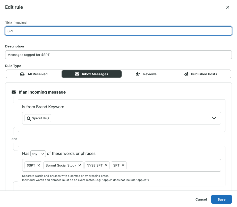 Une capture d'écran du paramètre de balise automatisé de Sprout pour les messages liés aux actions.