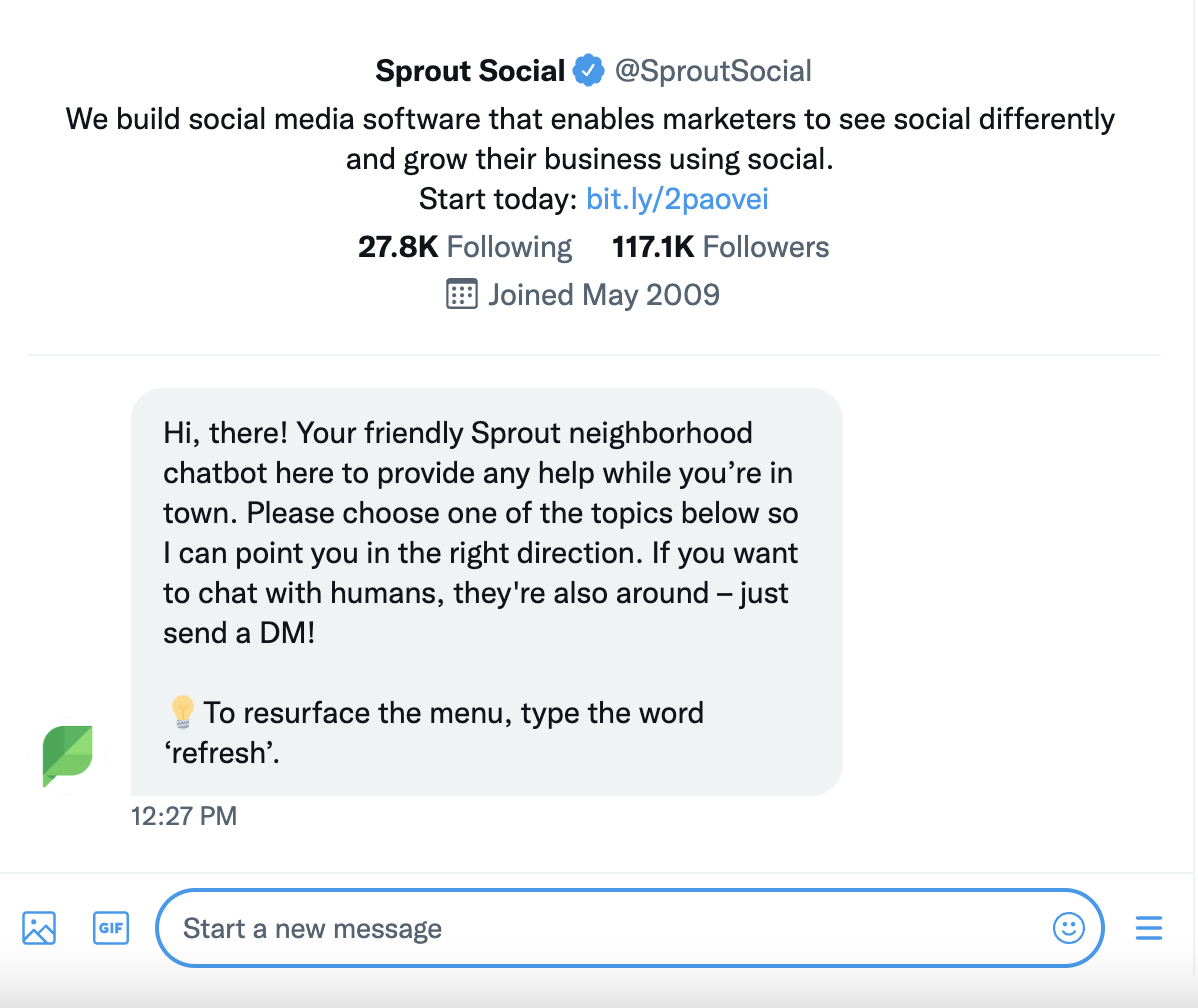 TwitterのSproutSocialで「DMを送信」をスリックすると、チャットボットが自動的に挨拶します。