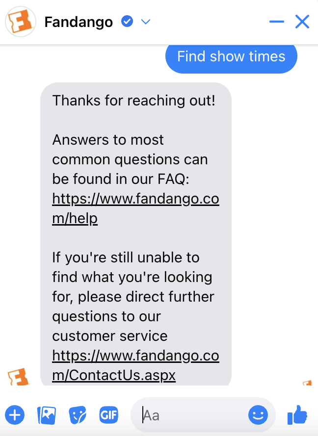 Fandangoチャットボットは、FacebookDMでの問い合わせに即座に応答します