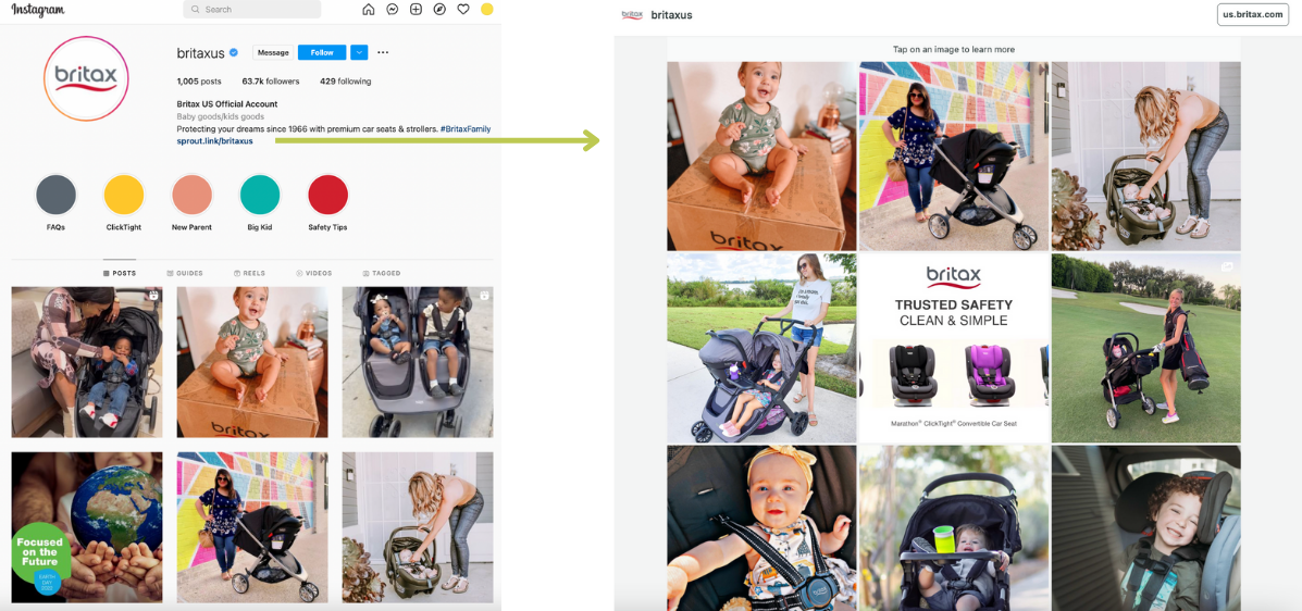 BritaxInstagramアカウントとInstagramアカウントを反映したSproutlinkのスクリーンショット。