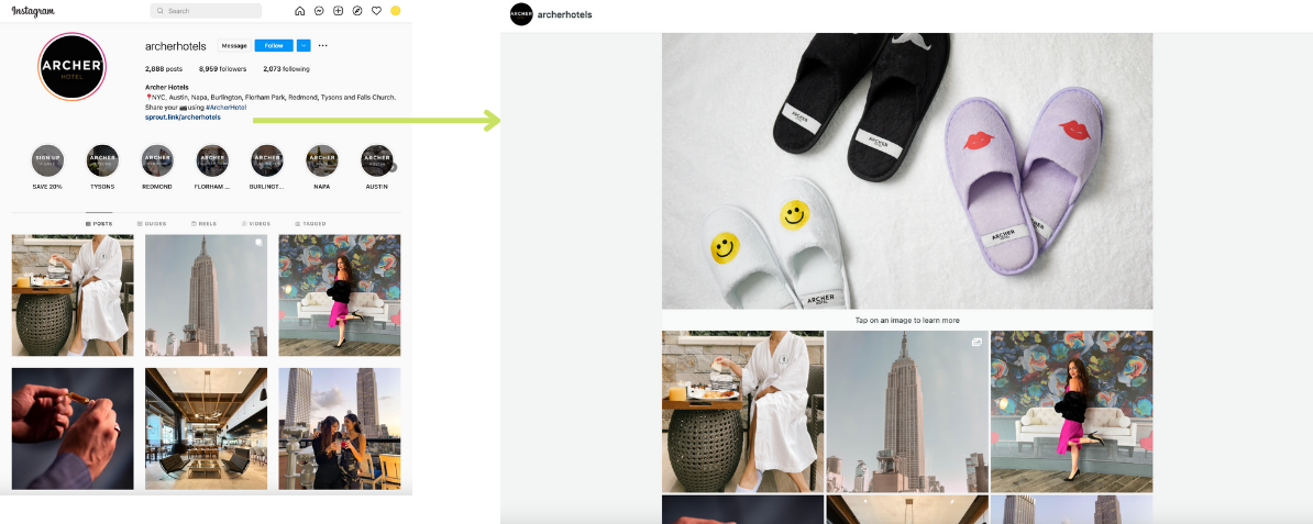 Archer Hotels InstagramとそのSproutlinkを示すスクリーンショット。これには、Instagramを反映した大きな注目の画像と写真が含まれています。