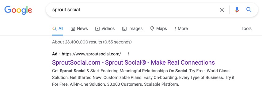 Sprout Social 的 Google 付费搜索列表。