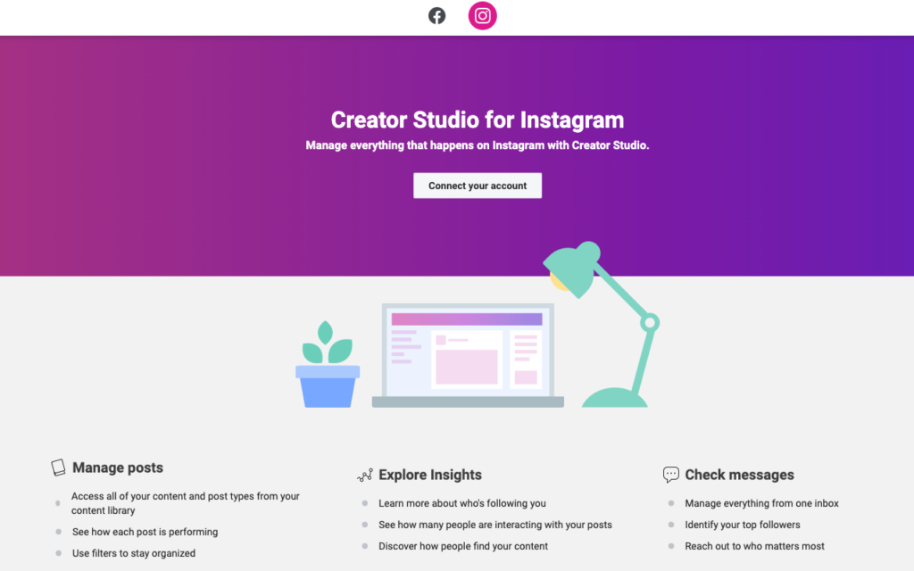 Dashboard della home page di Instagram Creator Studio