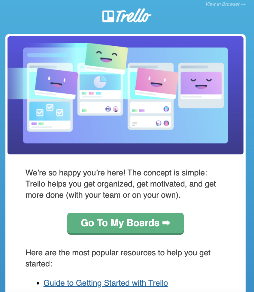 来自 Trello 的新客户“欢迎”电子邮件的屏幕截图
